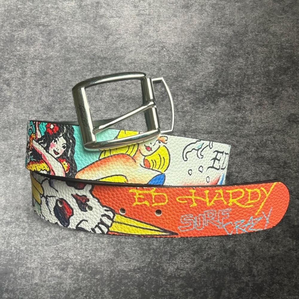 Ed Hardy Men’s 34 Surf Crazy Reversible Tattoo Belt Skull Pin Up Y2K McBling